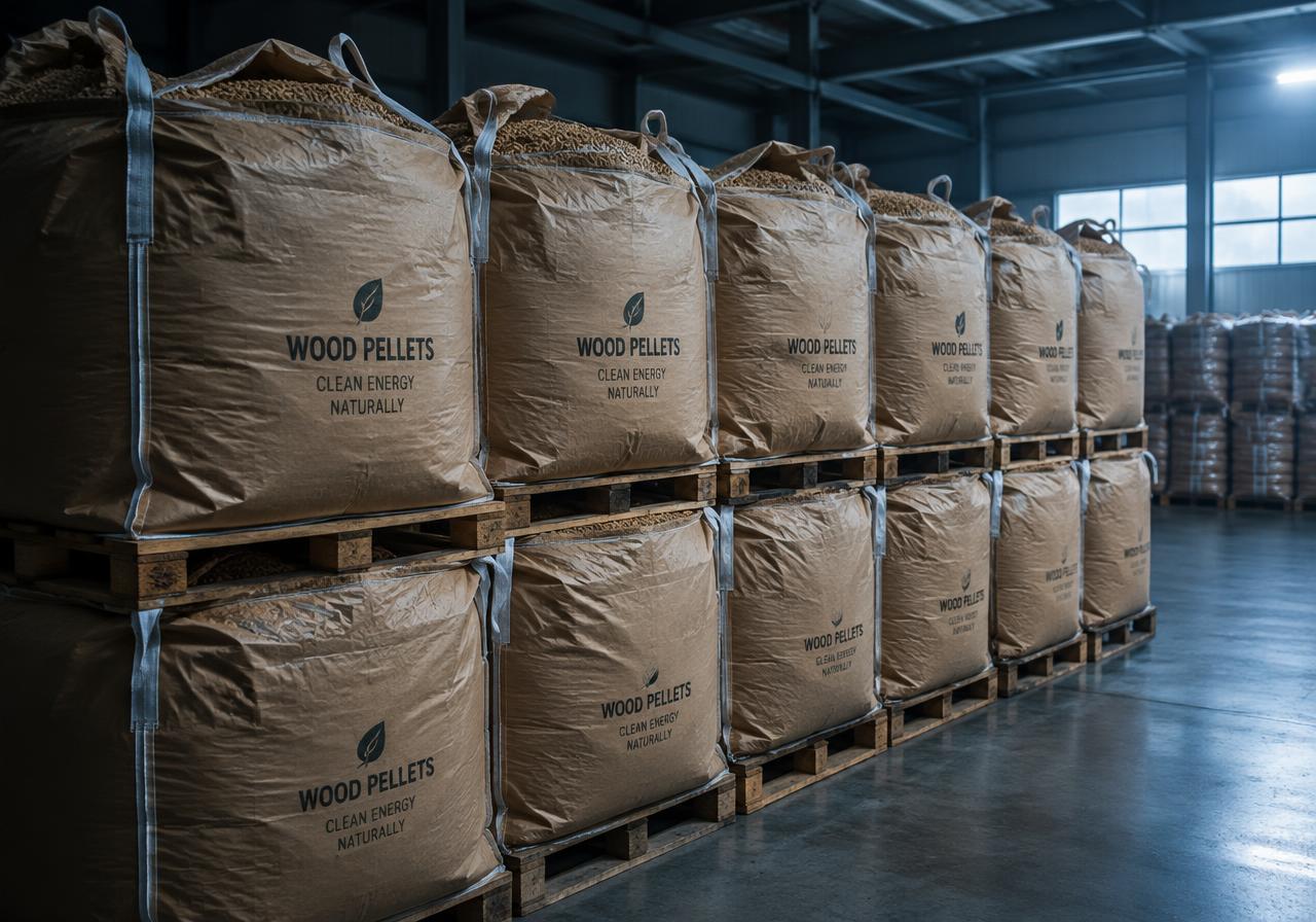 Pallets of kraft bulk bags with wood pellets in a warehouse